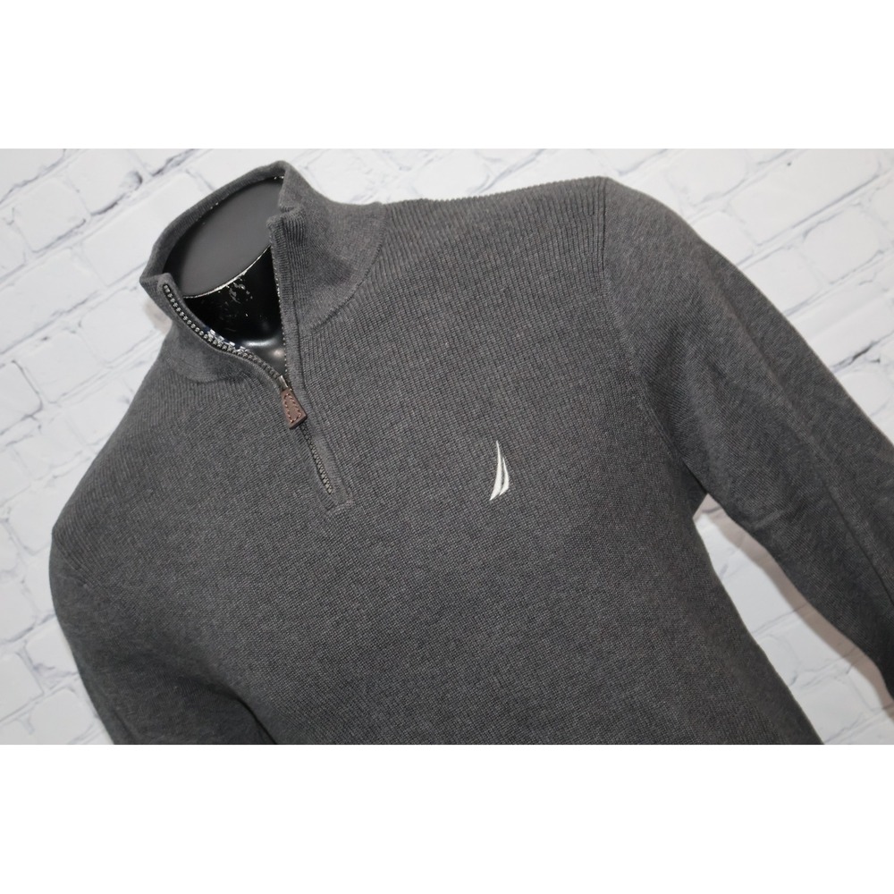 Nautica 1/4 Zip Sweater Mens Large Gray Ribbed Knit Pullover Logo Cotton